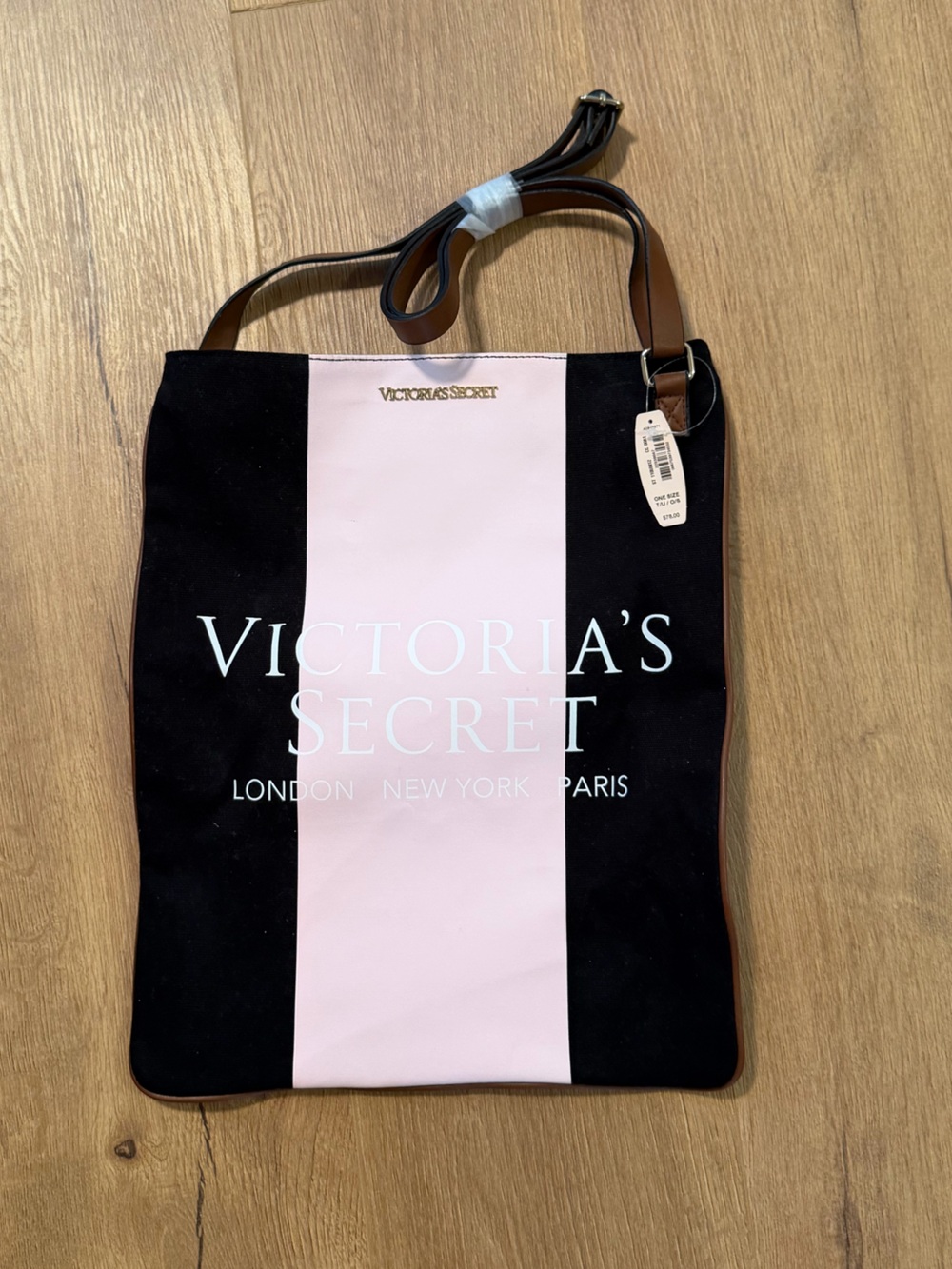 Victoria's Secret Black and Light Pink Vertical Stripe Tote